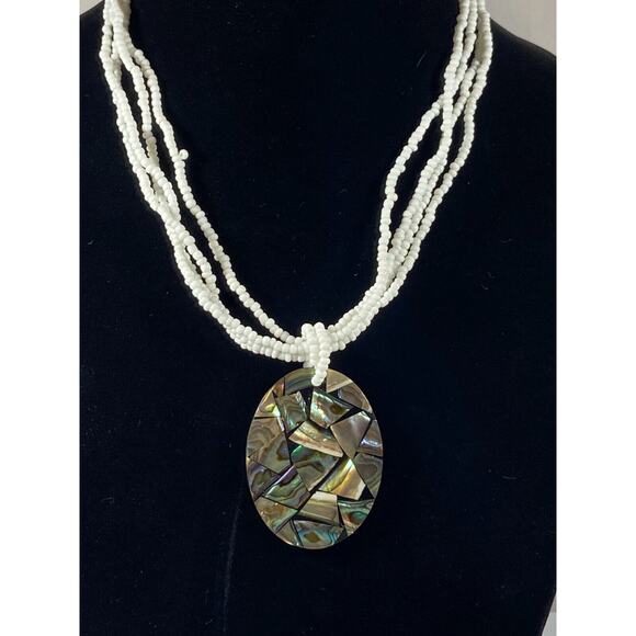 4 Strand White Seed Bead Necklace w Large Oval Abalone Pendant Beach Mermaid - Picture 2 of 9